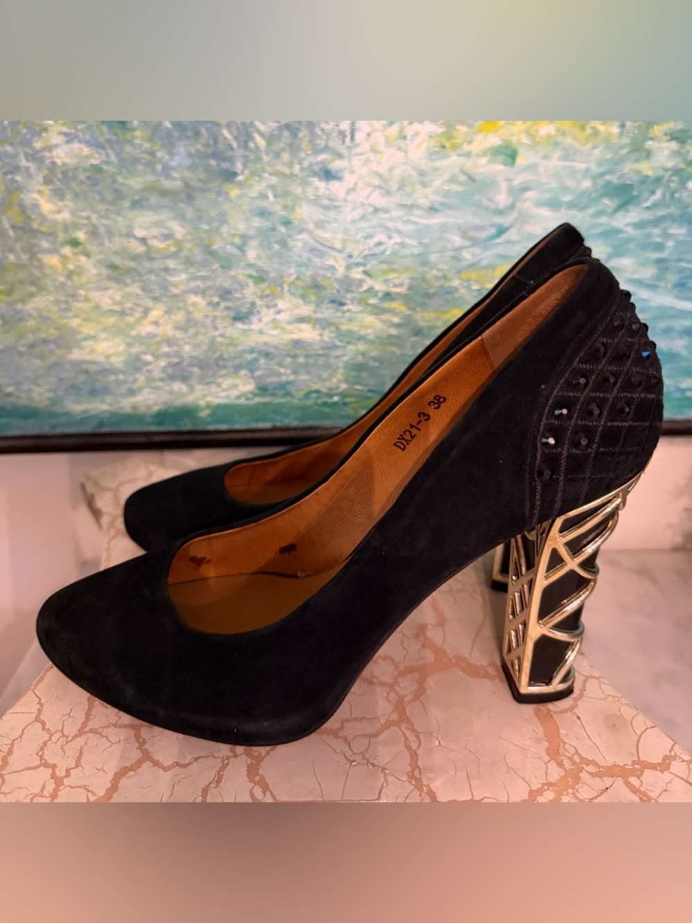 Geronea Black Suede High Heels with Gold Geometric Block Heel